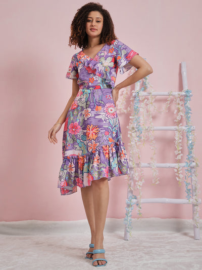 Athena Floral Printed Flared Sleeve Ruffled Crepe A-Line Dress