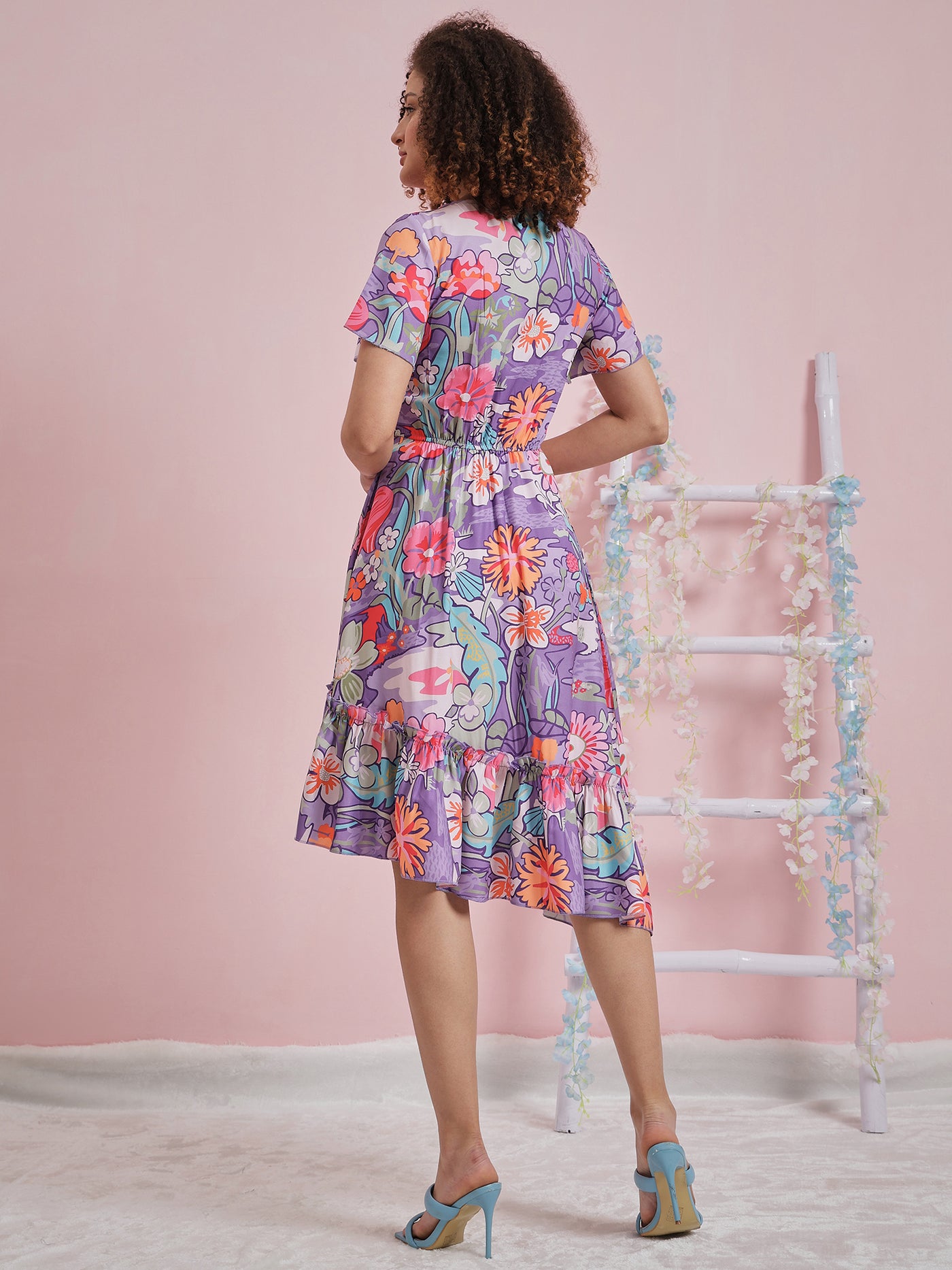 Athena Floral Printed Flared Sleeve Ruffled Crepe A-Line Dress