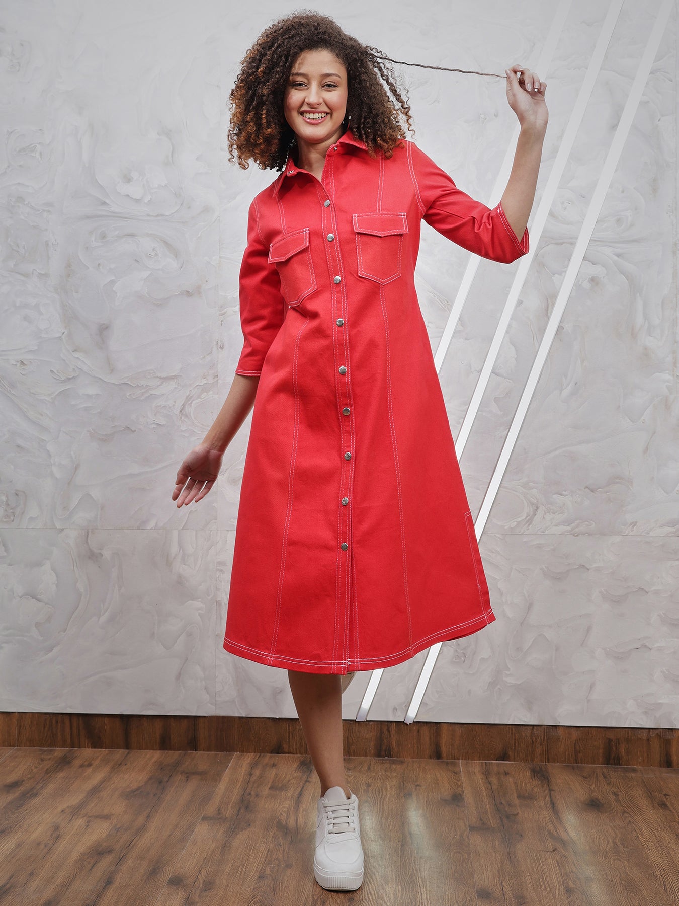 Athena Red Denim Shirt Dress –