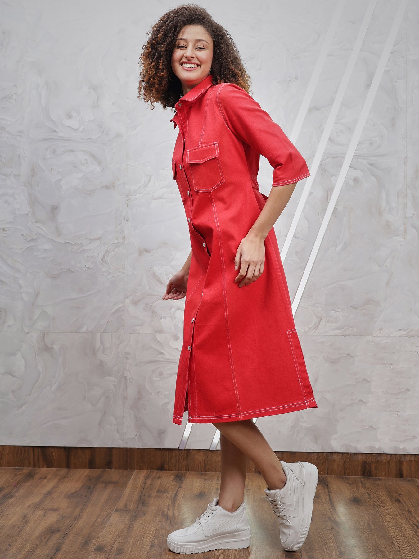red dress and jean jacket Affordable Pearl Denim Jacket over a Rust Suede Dress