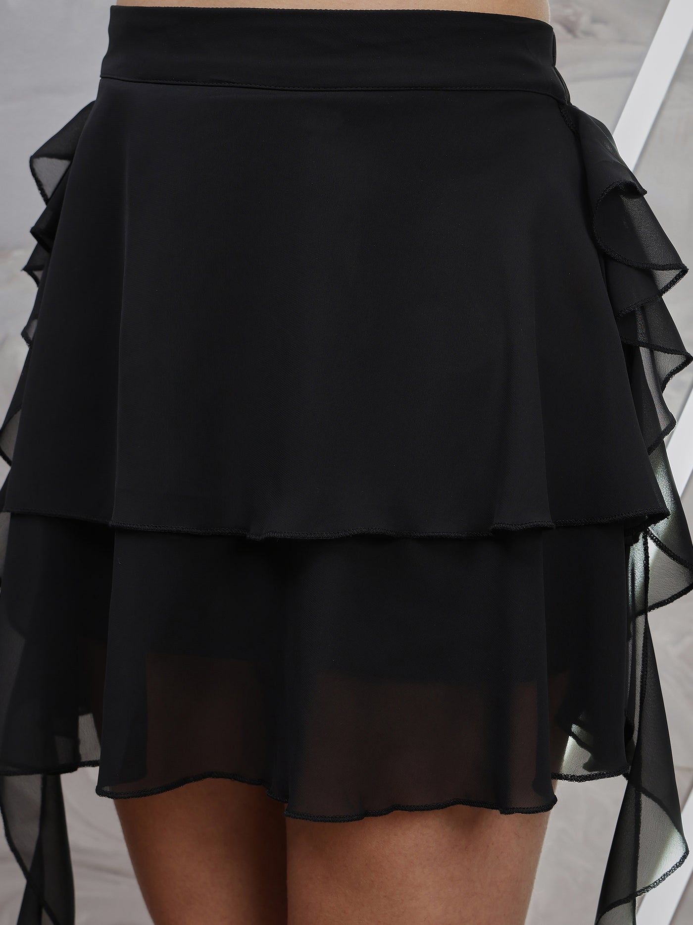Athena Black Layered Detailed Flared Mini Skirt
