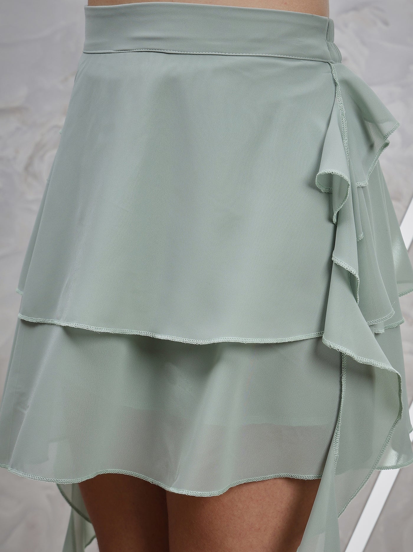 Athena Green Layered Detailed Flared Mini Skirt