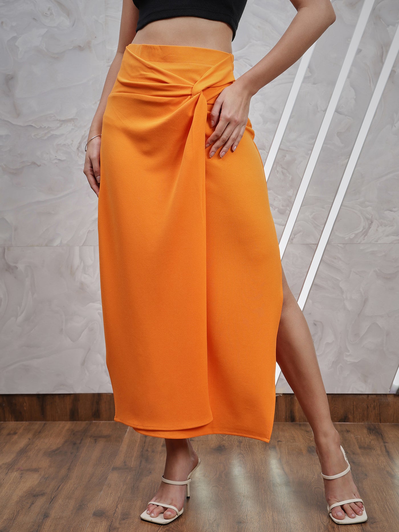 Athena Orange-Coloured Knotting Straight Midi Skirt