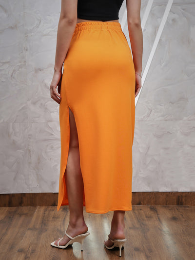 Athena Orange-Coloured Knotting Straight Midi Skirt