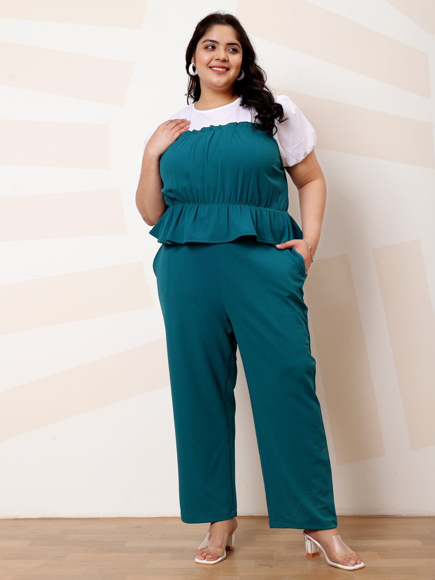 Athena Ample Plus Size Colourblocked Top With Trousers Co-Ords