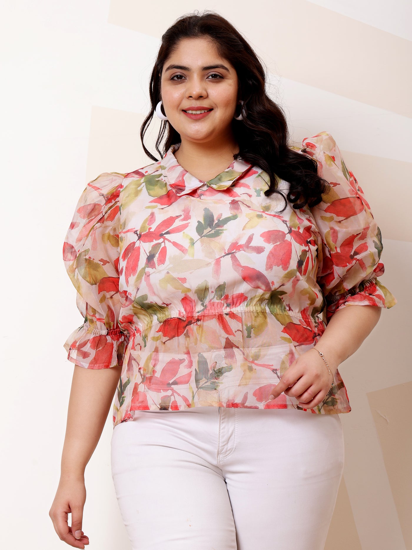 Athena Ample Plus Size Floral Printed Shirt Collar Puff Sleeves Organza Top