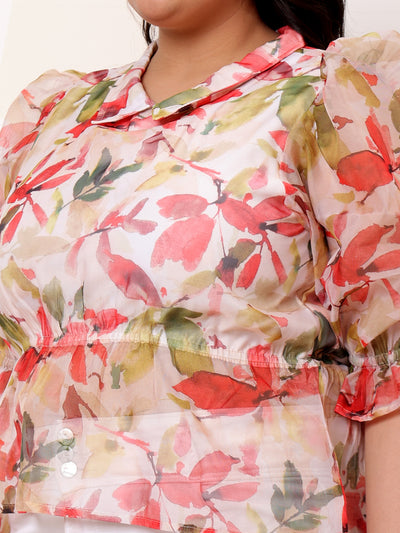 Athena Ample Plus Size Floral Printed Shirt Collar Puff Sleeves Organza Top