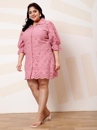 Athena Ample Plus Size Self Design Cotton Puff Sleeve Shirt Casual Dress