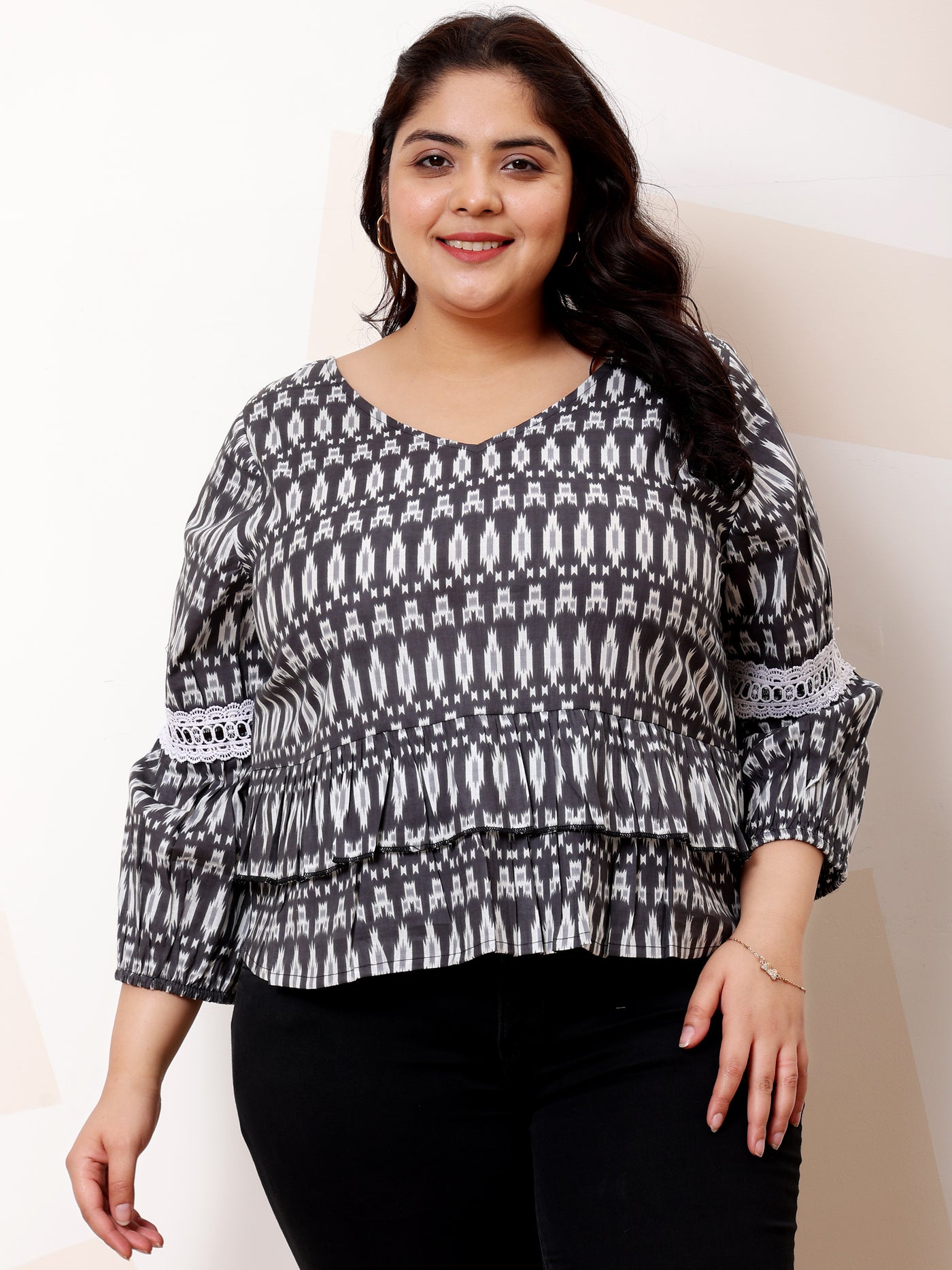 Athena Ample Plus Size Ethnic Printed Puff Sleeves Lace Cotton Top