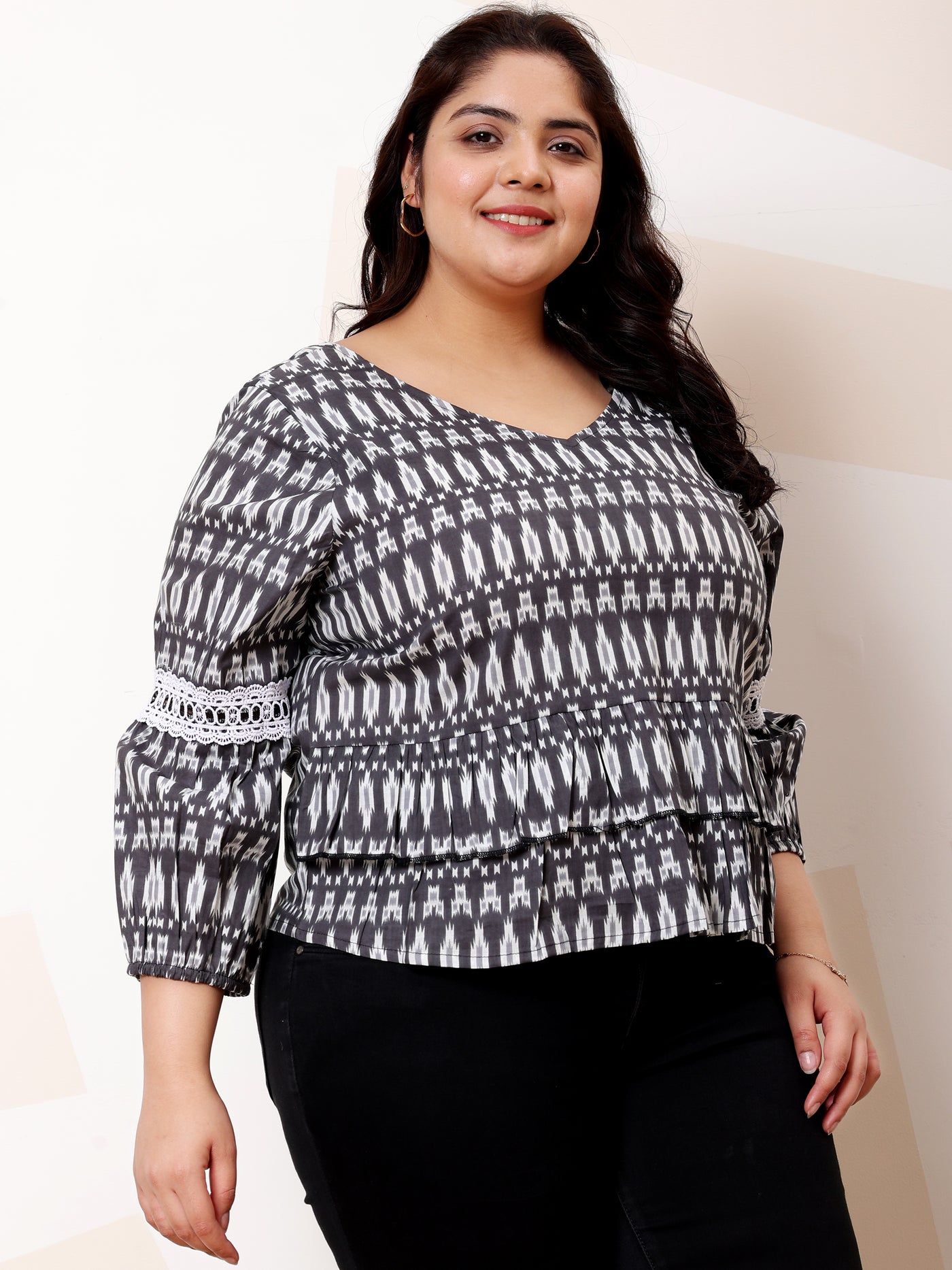 Athena Ample Plus Size Ethnic Printed Puff Sleeves Lace Cotton Top