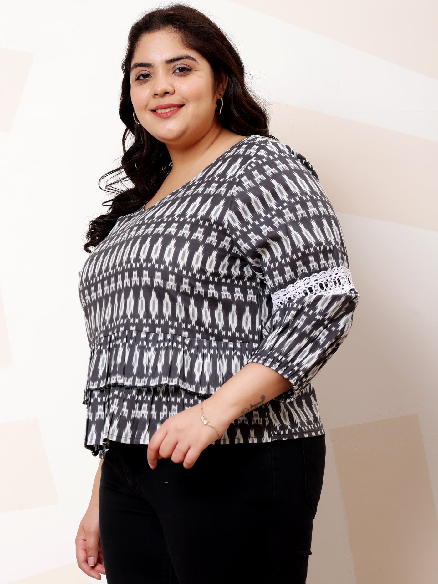 Athena Ample Plus Size Ethnic Printed Puff Sleeves Lace Cotton Top