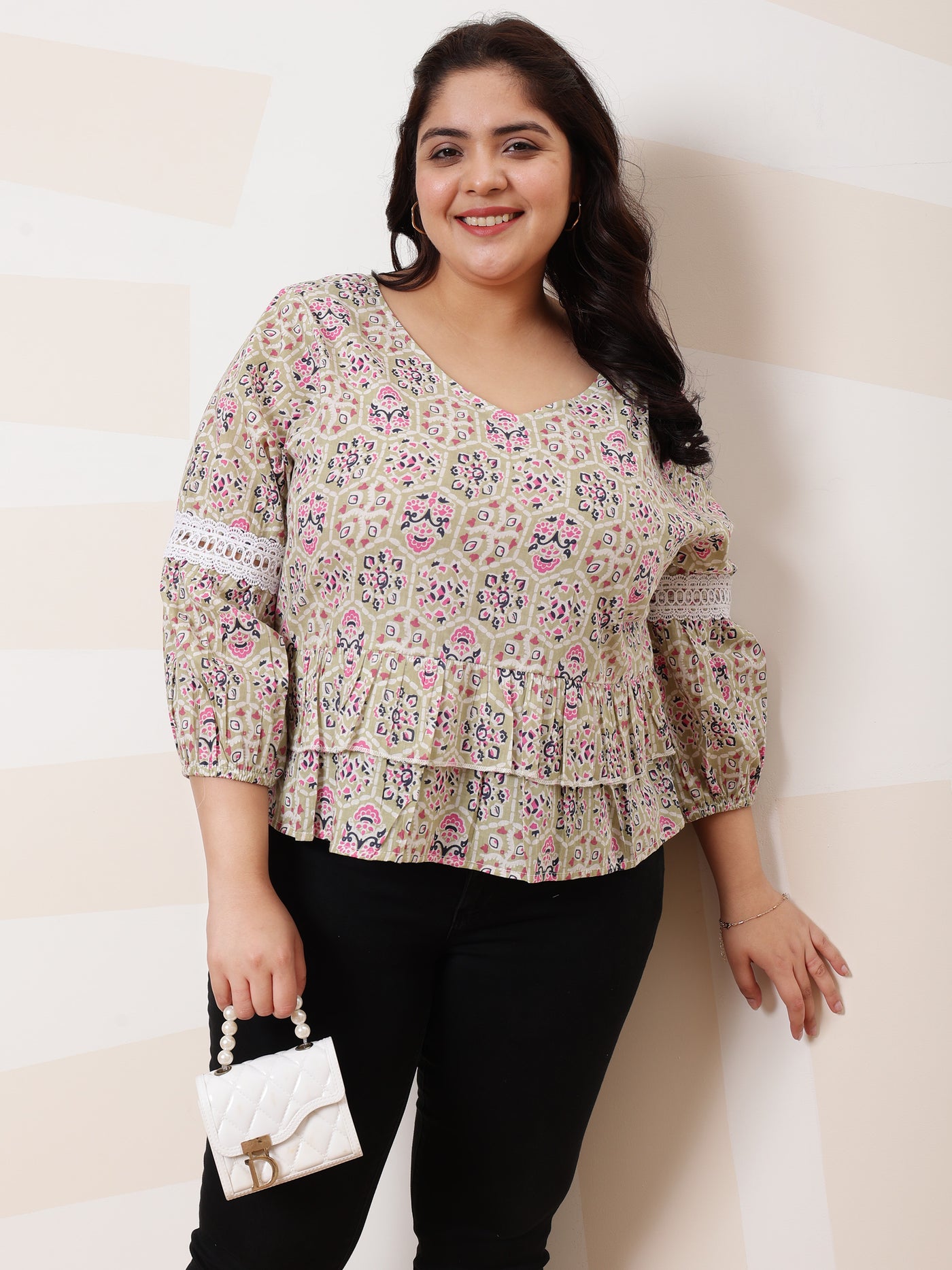 Athena Ample Plus Size Floral Printed Puff Sleeves Lace Cotton Top