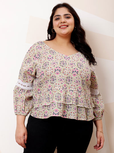 Athena Ample Plus Size Floral Printed Puff Sleeves Lace Cotton Top