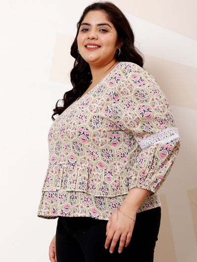 Athena Ample Plus Size Floral Printed Puff Sleeves Lace Cotton Top