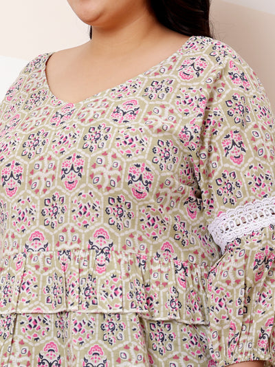 Athena Ample Plus Size Floral Printed Puff Sleeves Lace Cotton Top