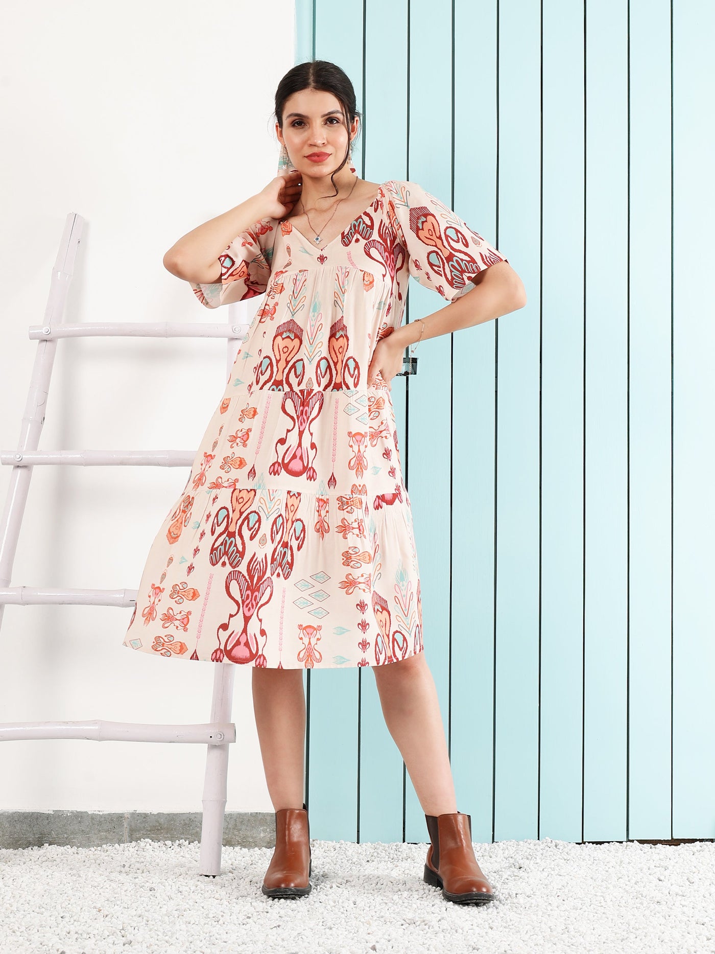 Boho By Athena bohemian Floral Print Flared Sleeve Layered A-Line Tiered Dress