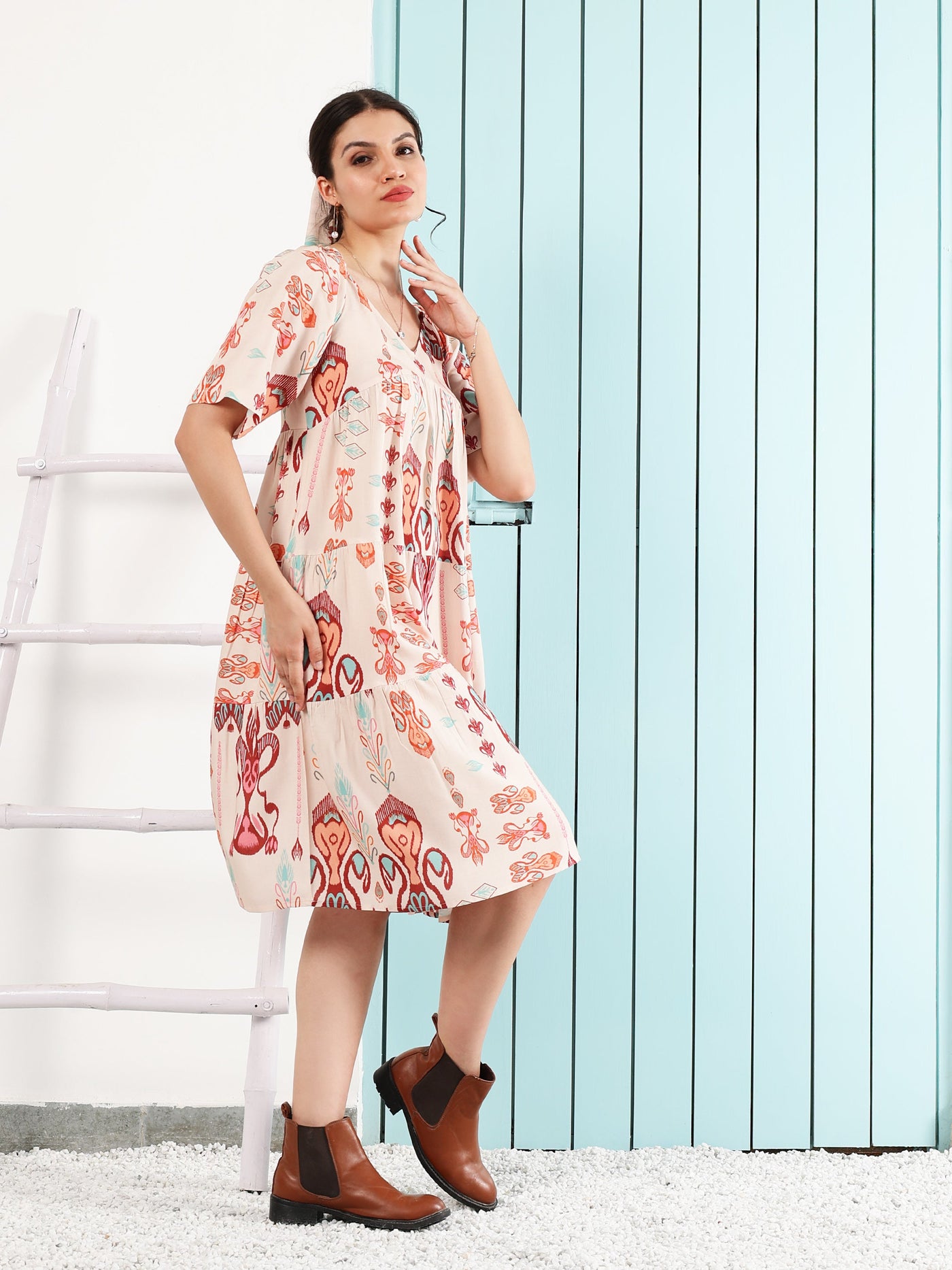 Boho By Athena bohemian Floral Print Flared Sleeve Layered A-Line Tiered Dress