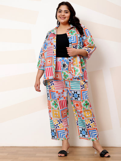 Athena Ample Plus Size Geometric Printed Linen Casual Shirt