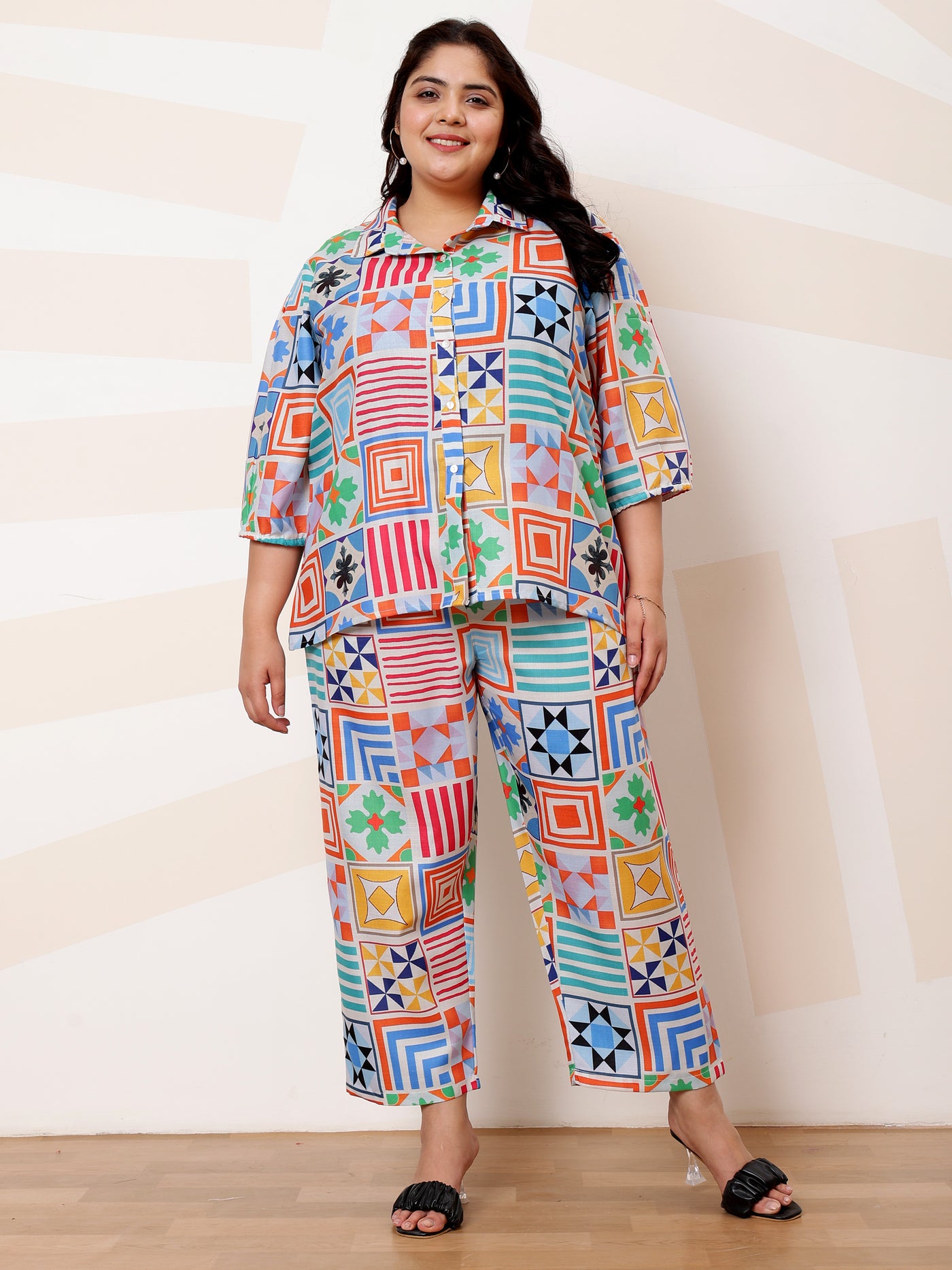 Athena Ample Plus Size Geometric Printed Linen Casual Shirt