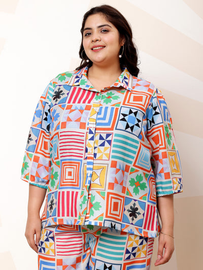 Athena Ample Plus Size Geometric Printed Linen Casual Shirt