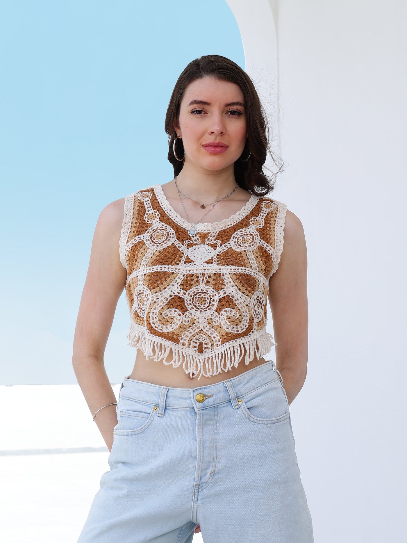 Boho By Athena Fringed Crochet Cotton Top