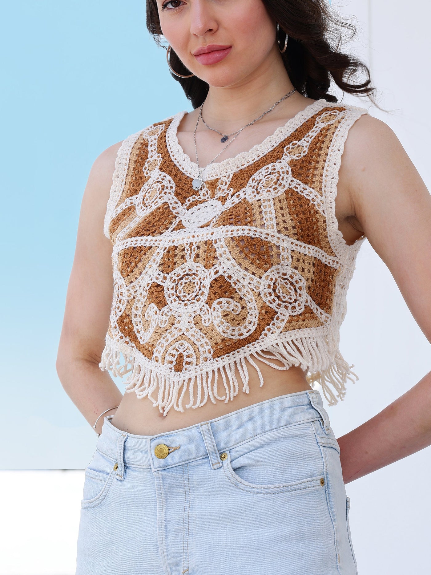 Boho By Athena Fringed Crochet Cotton Top