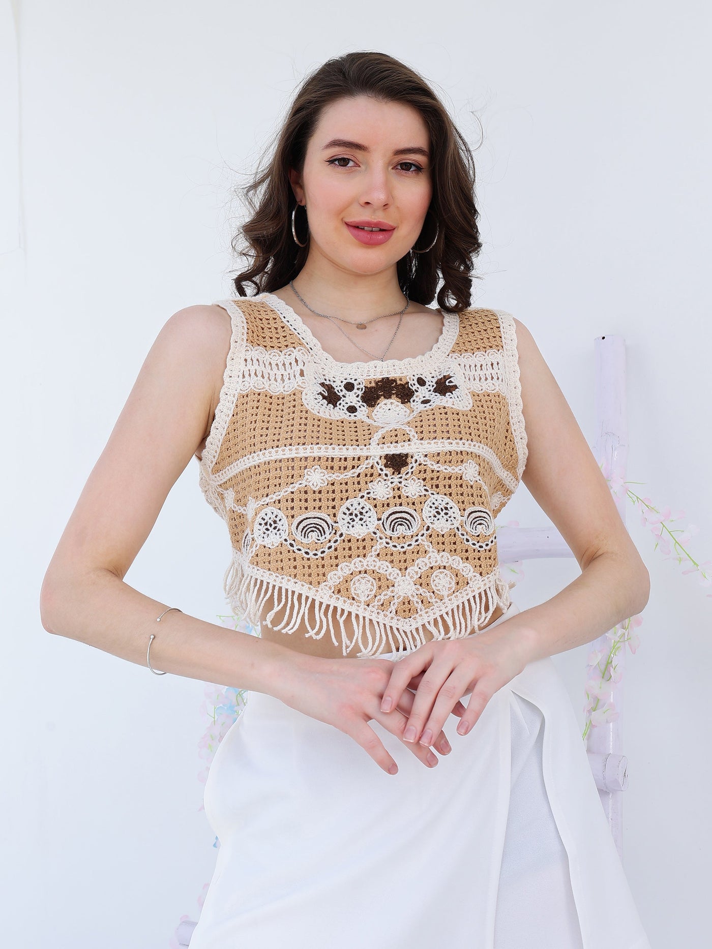 Boho By Athena Embellished Print Fringed Crochet Cotton Top