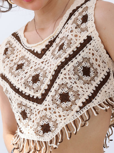 Boho By Athena Self Design Fringed Crochet Cotton Top