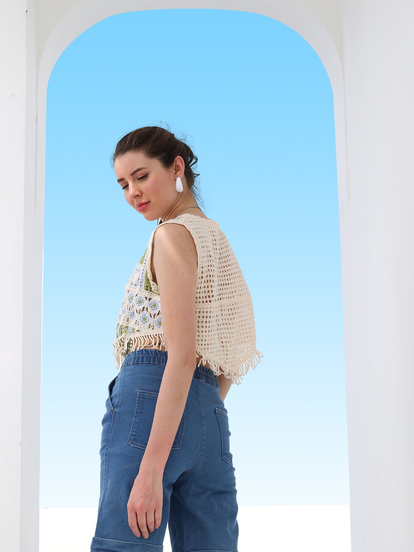 Boho By Athena Self Design Fringed Crochet Cotton Top
