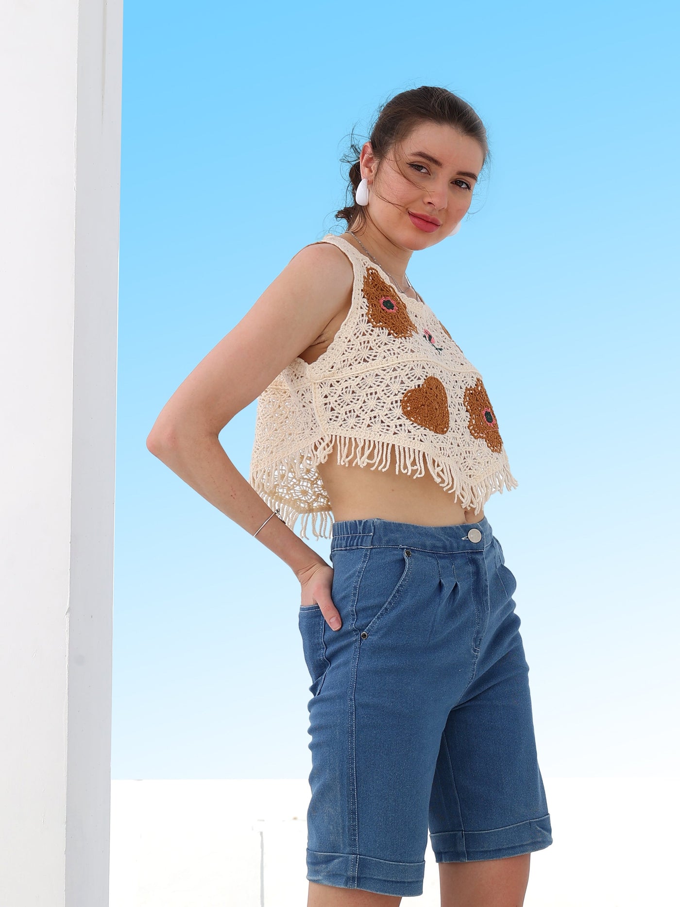 Boho By Athena Floral Print Fringed Cotton Crop Top