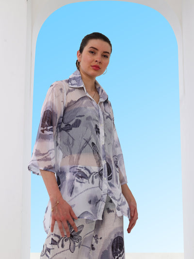 Athena Floral Printed Georgette Sheer Shirt Style Top