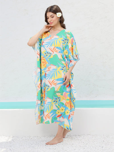 Athena Floral Printed V-Neck Kaftan Midi Swimwear Cover up Top