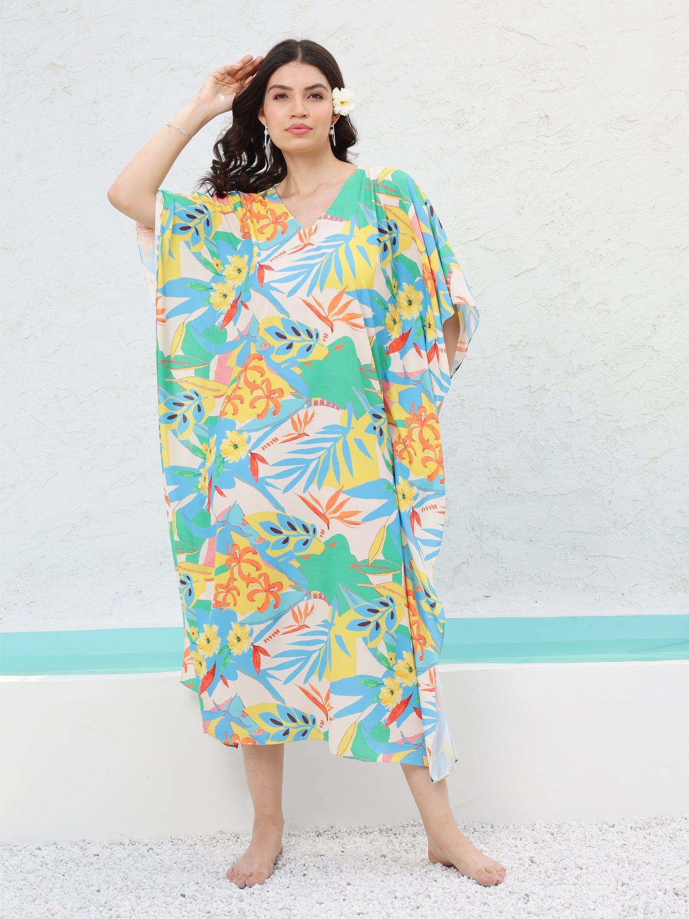 Athena Floral Printed V-Neck Kaftan Midi Swimwear Cover up Top