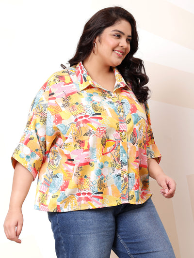 Athena Ample Plus Size Floral Printed Kimono Sleeve Linen Shirt Style Top