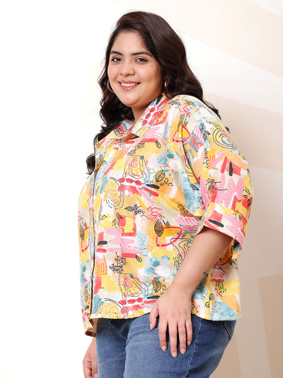 Athena Ample Plus Size Floral Printed Kimono Sleeve Linen Shirt Style Top