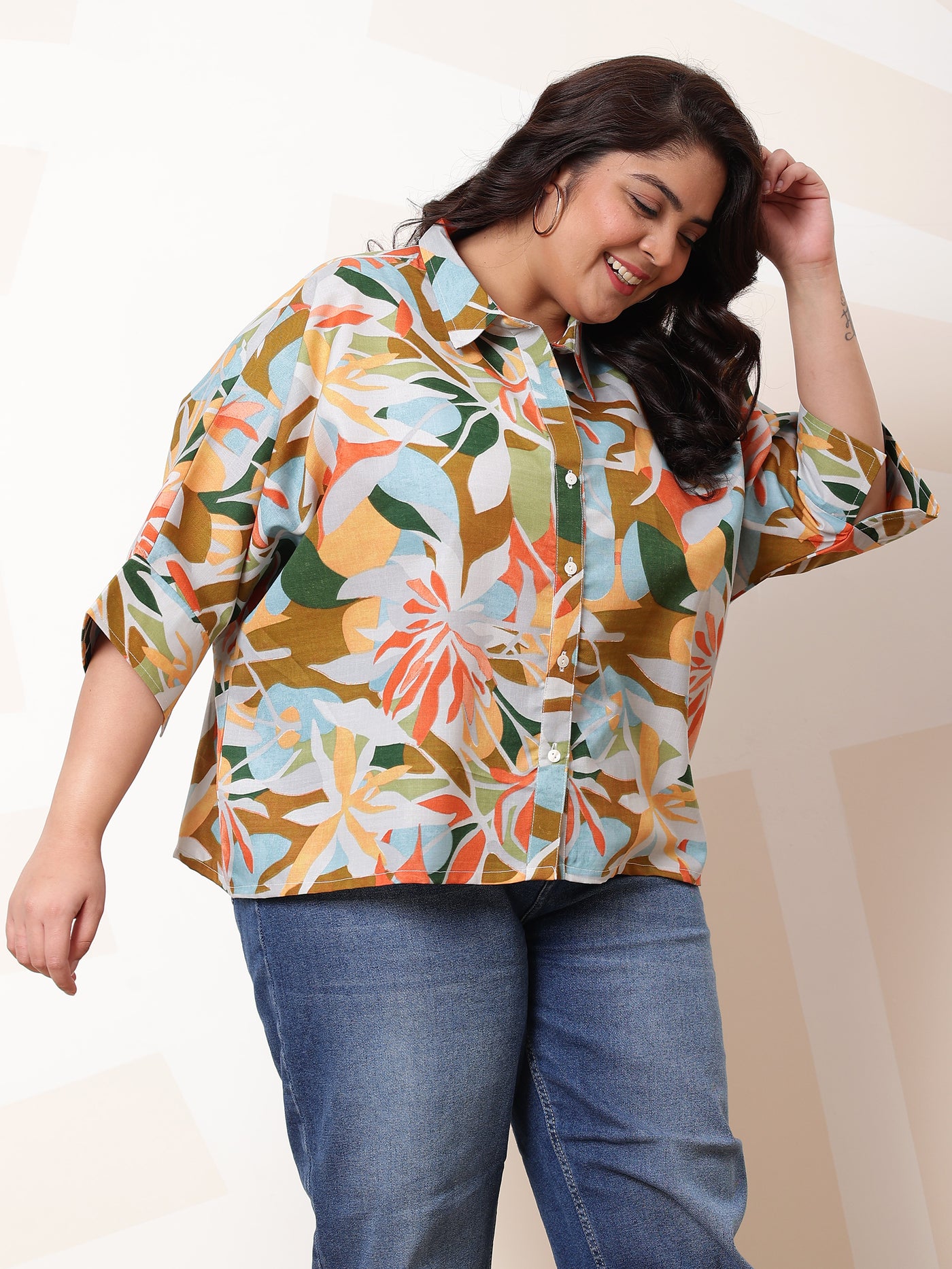 Athena Ample Plus Size Floral Printed Kimono Sleeve Linen Shirt Style Top