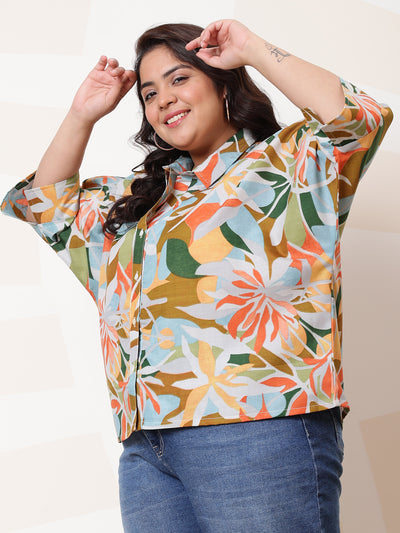 Athena Ample Plus Size Floral Printed Kimono Sleeve Linen Shirt Style Top