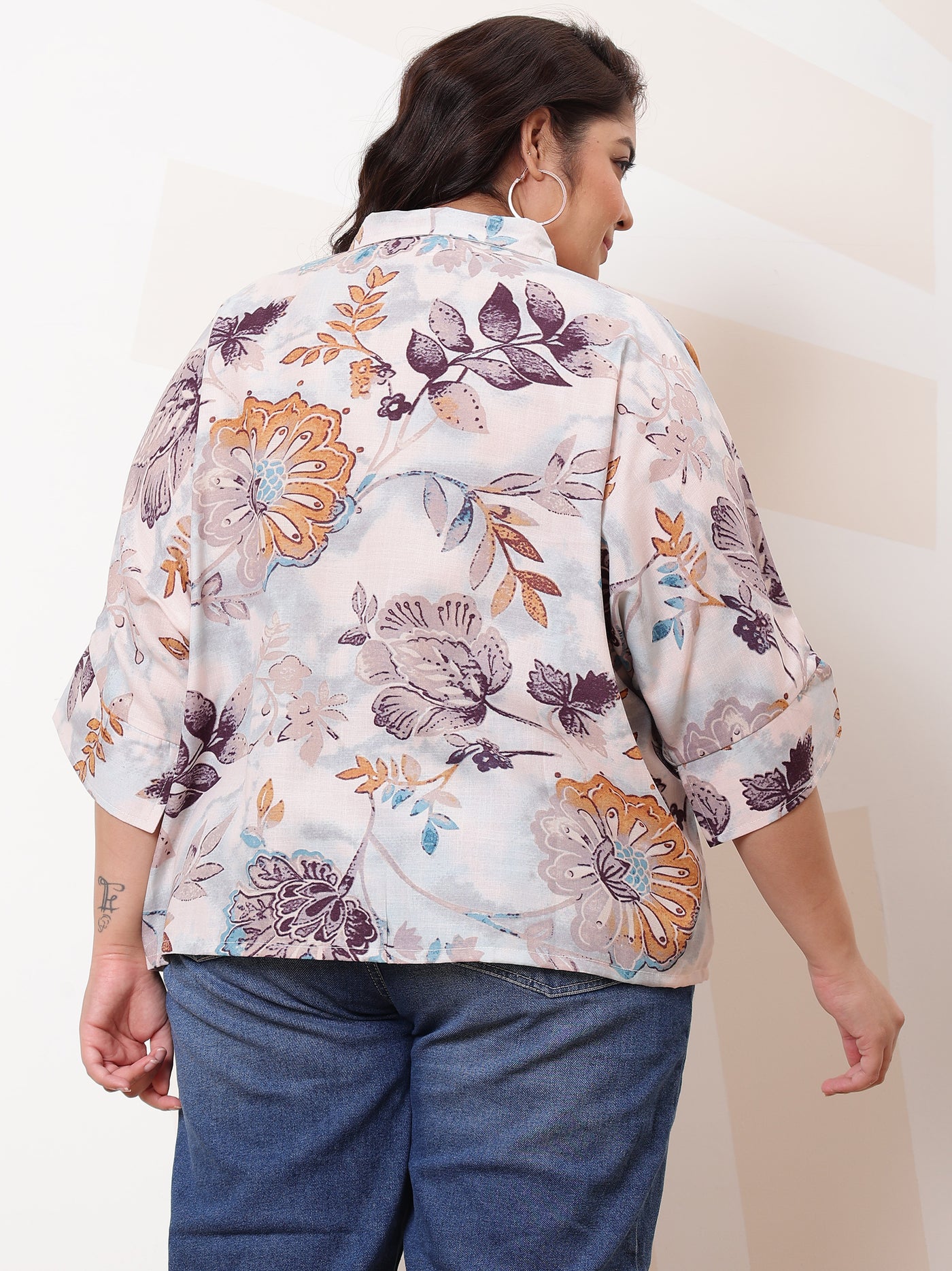 Athena Ample Plus Size Floral Print Kimono Sleeve Linen Shirt Style Top