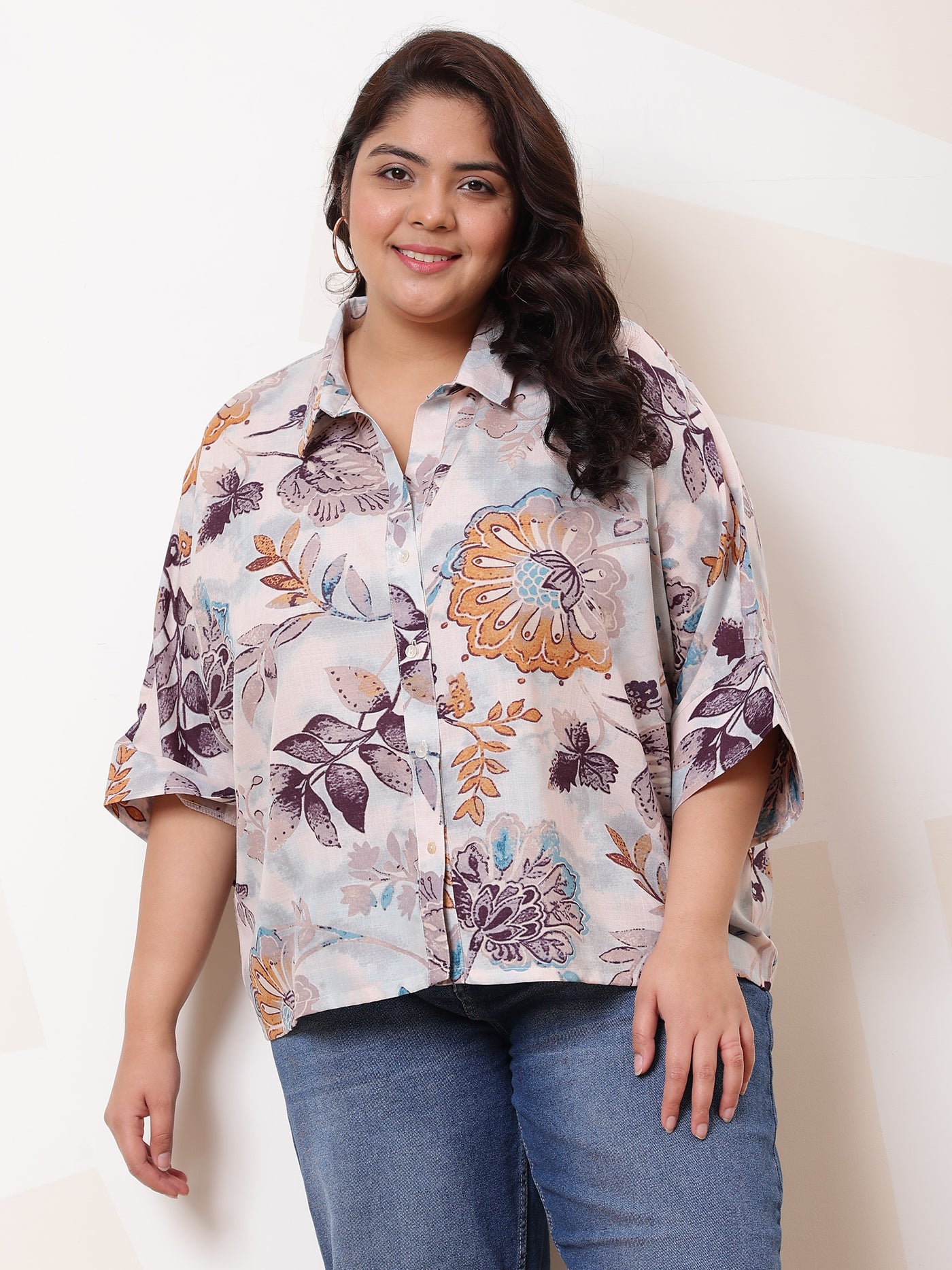 Athena Ample Plus Size Floral Print Kimono Sleeve Linen Shirt Style Top