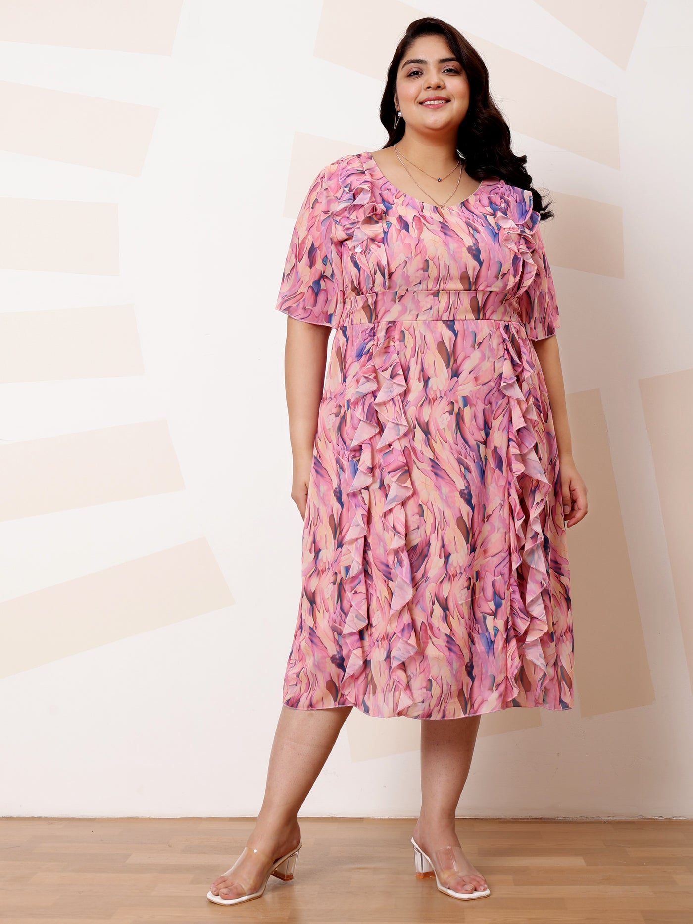 Athena Ample Plus Size Floral Print Ruffled Georgette A-Line Midi Casual Dress