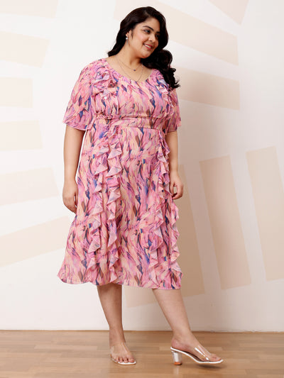 Athena Ample Plus Size Floral Print Ruffled Georgette A-Line Midi Casual Dress