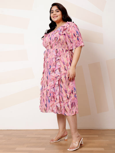 Athena Ample Plus Size Floral Print Ruffled Georgette A-Line Midi Casual Dress