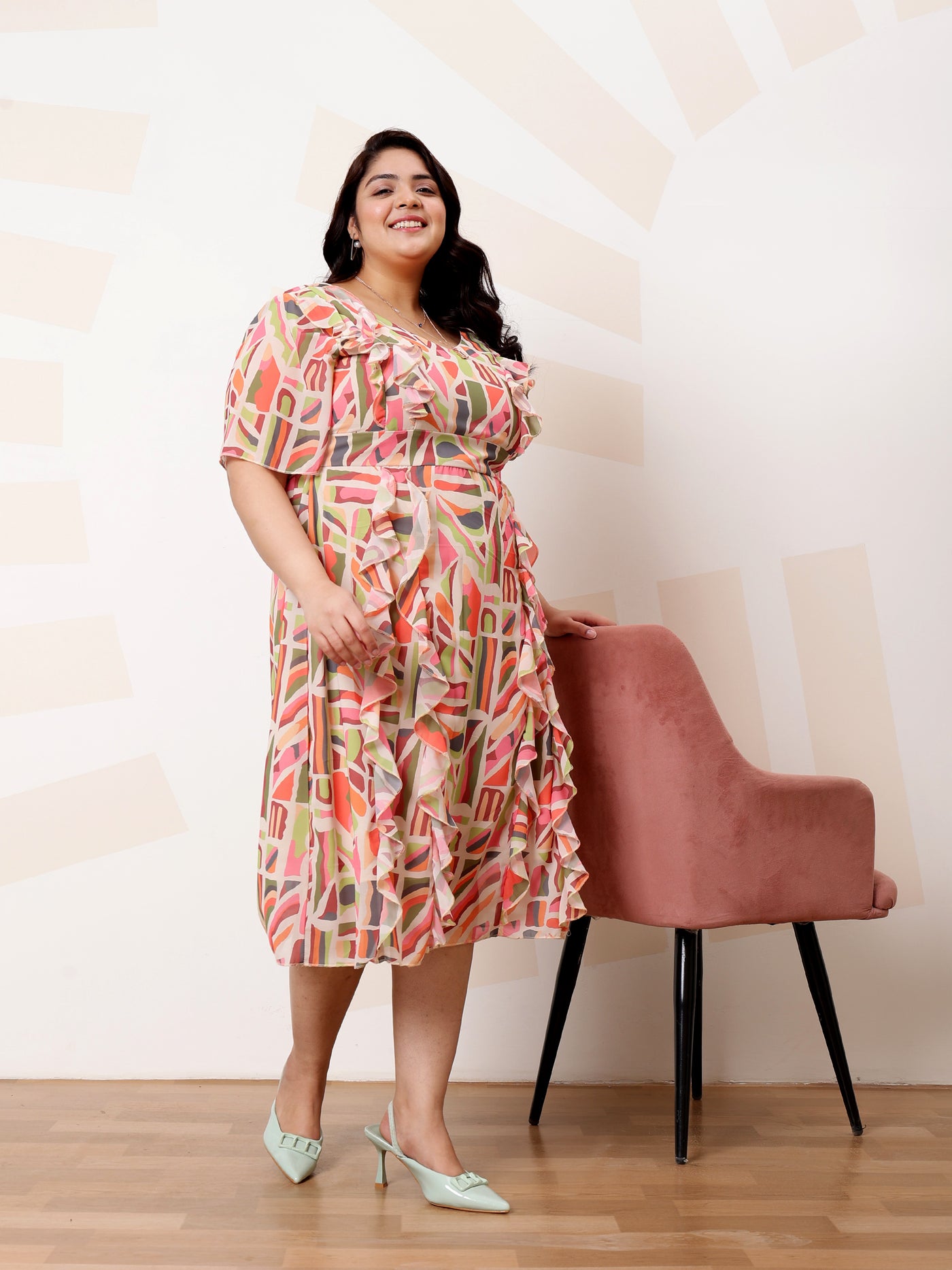 Athena Ample Plus Size Abstract Print Ruffled Georgette A-Line Midi Casual Dress