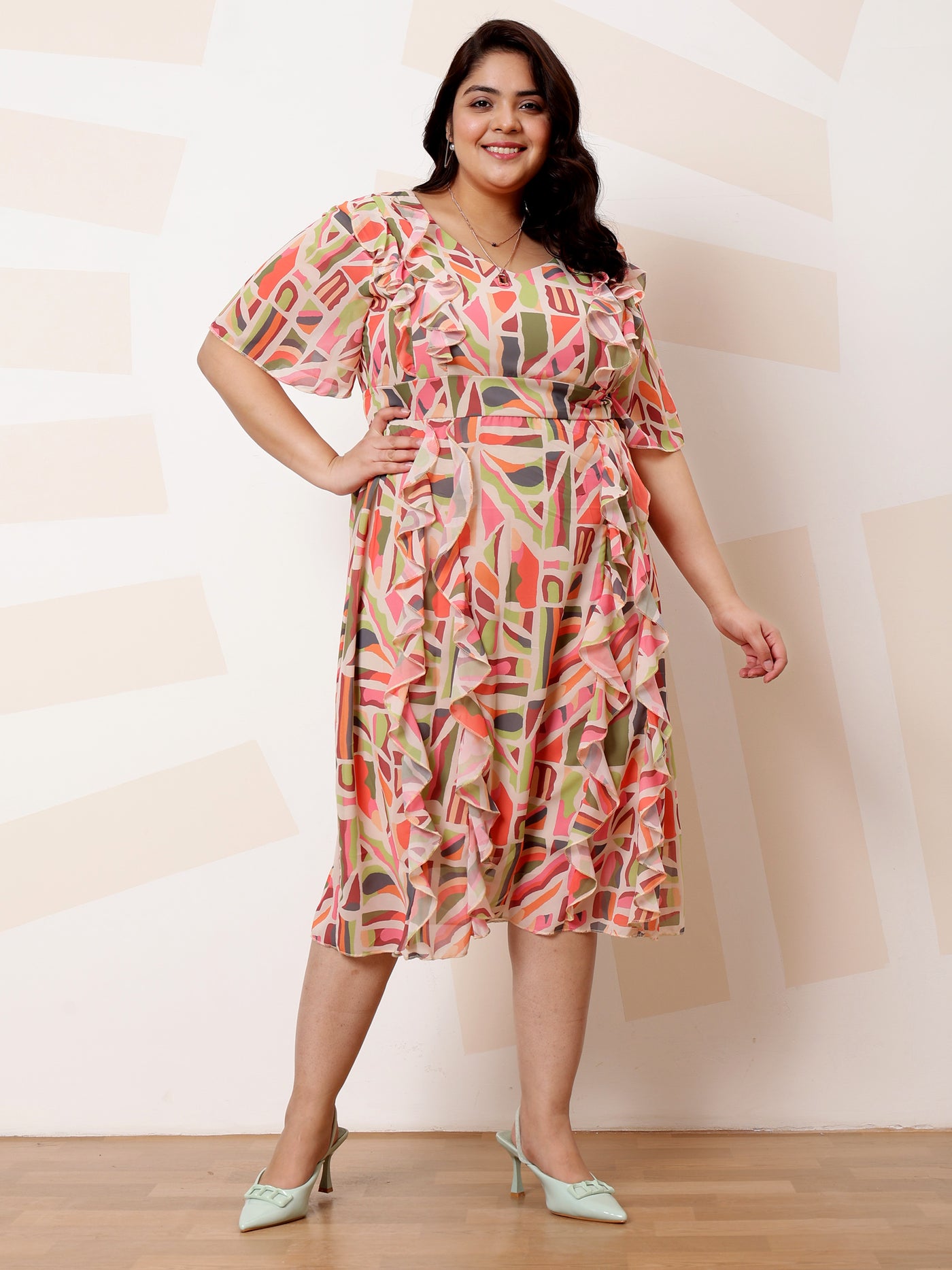 Athena Ample Plus Size Abstract Print Ruffled Georgette A-Line Midi Casual Dress