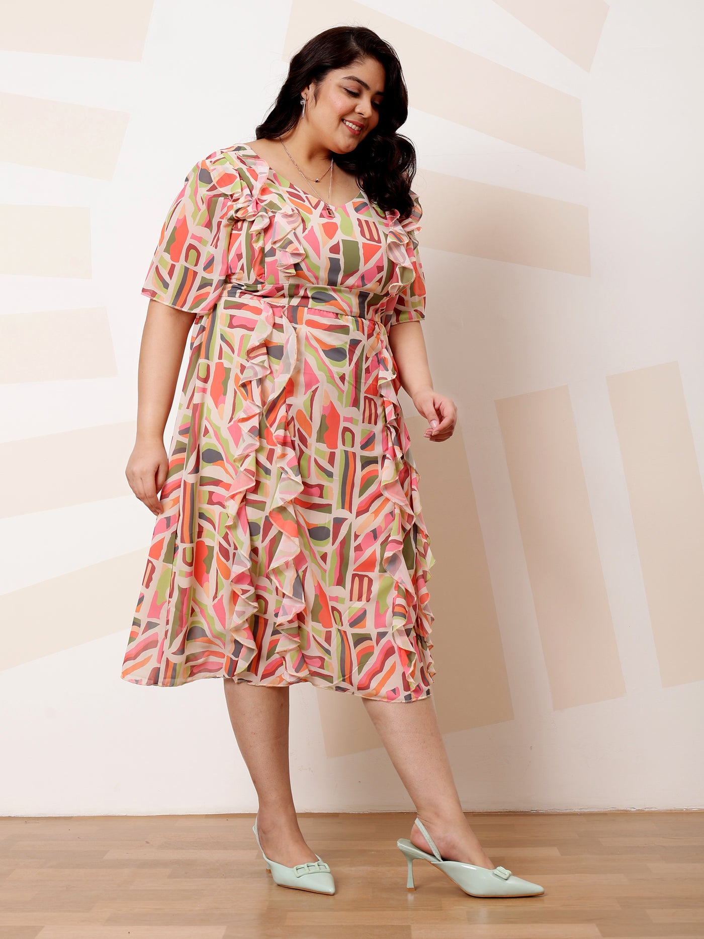 Athena Ample Plus Size Abstract Print Ruffled Georgette A-Line Midi Casual Dress