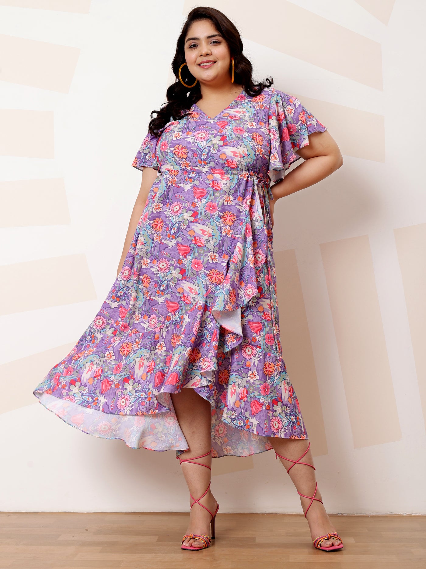 Athena Ample Plus Size Floral Print Flared Sleeve Ruffled Crepe Midi Casual Dress