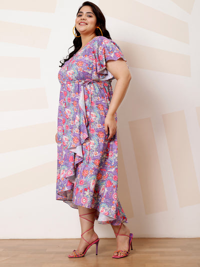 Athena Ample Plus Size Floral Print Flared Sleeve Ruffled Crepe Midi Casual Dress