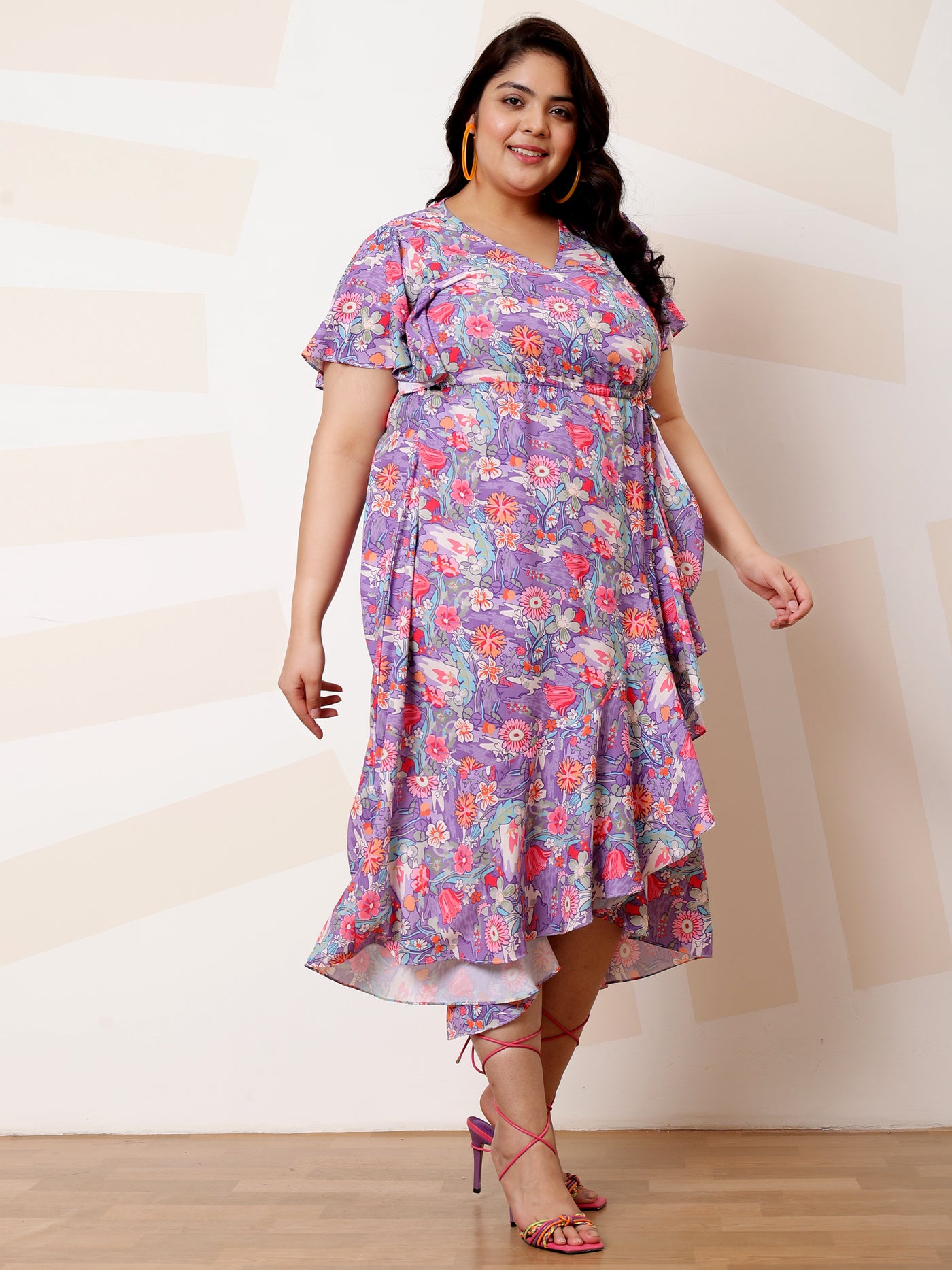 Athena Ample Plus Size Floral Print Flared Sleeve Ruffled Crepe Midi Casual Dress