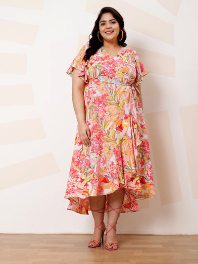 Athena Ample Plus Size Floral Print Flutter Sleeve Ruffled Crepe A-Line Midi Casual Dress