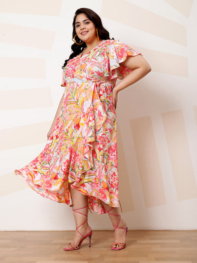 Athena Ample Plus Size Floral Print Flutter Sleeve Ruffled Crepe A-Line Midi Casual Dress